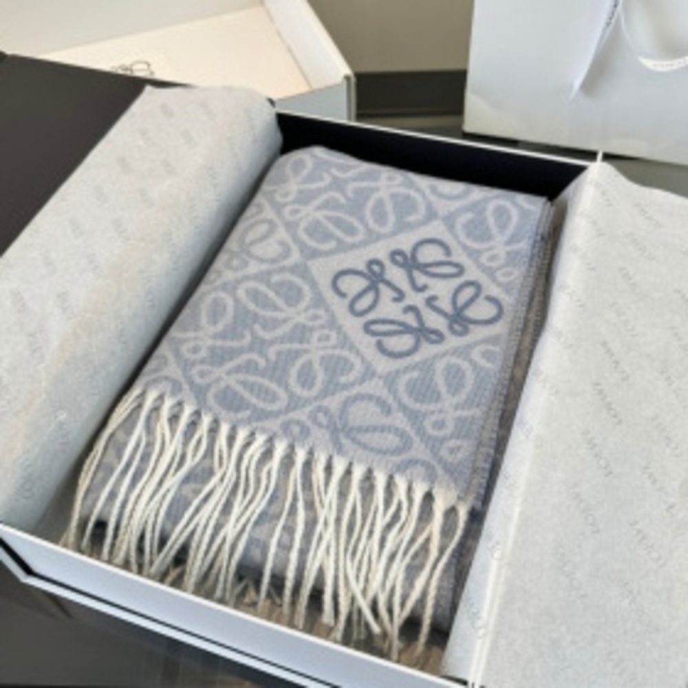 ⚜Loewe⚜Pastel‑Blue Anagram Pattern Fringed Winter Scarf